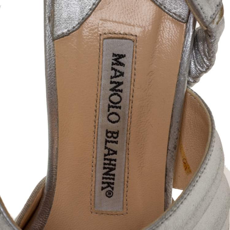 Pre Owned Manolo Blahnik Silver Leather And Grey Grosgrain Alla Pumps Size 37