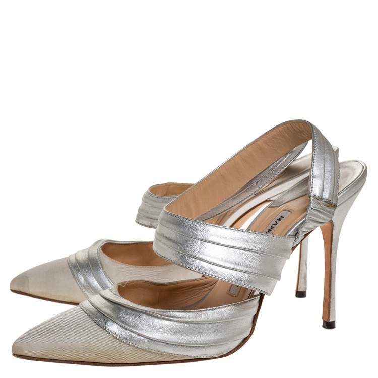 Pre Owned Manolo Blahnik Silver Leather And Grey Grosgrain Alla Pumps Size 37