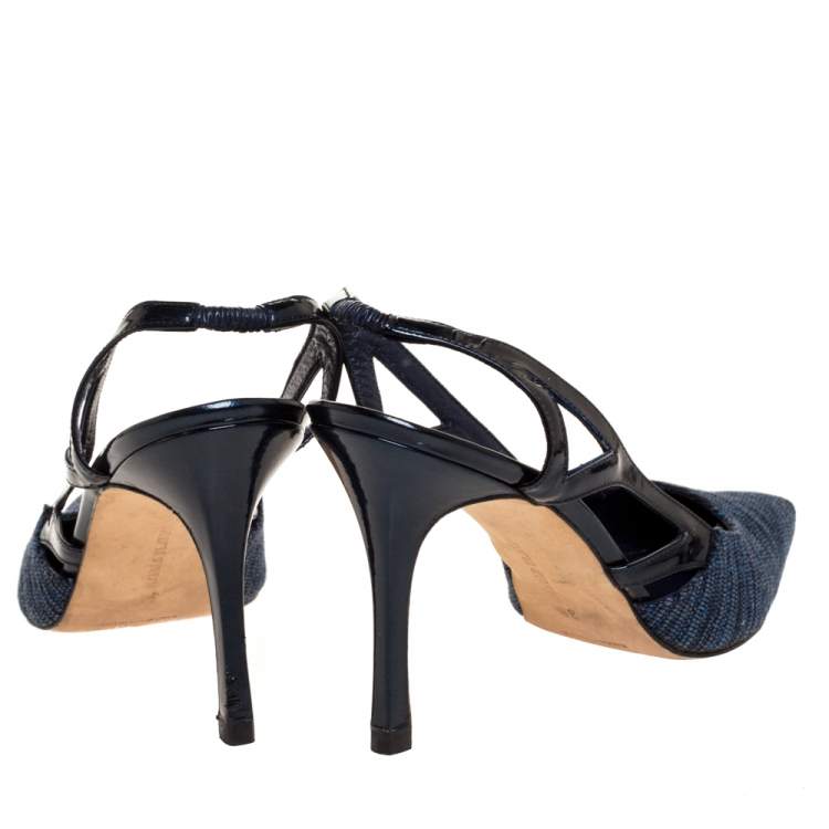 Pre Owned Manolo Blahnik Blue Canvas And Cutout Patent Pointed Toe Slingback Sandals Size 38