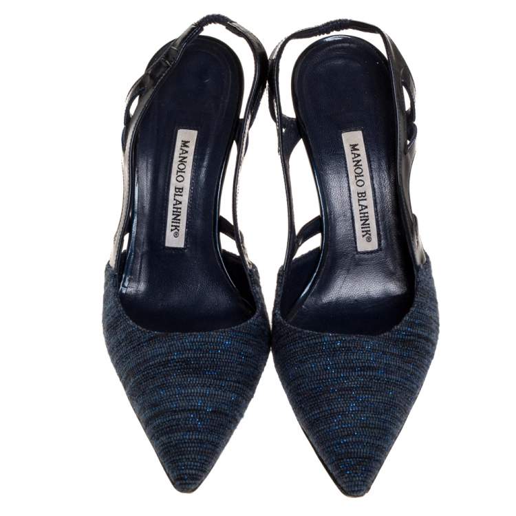 Pre Owned Manolo Blahnik Blue Canvas And Cutout Patent Pointed Toe Slingback Sandals Size 38