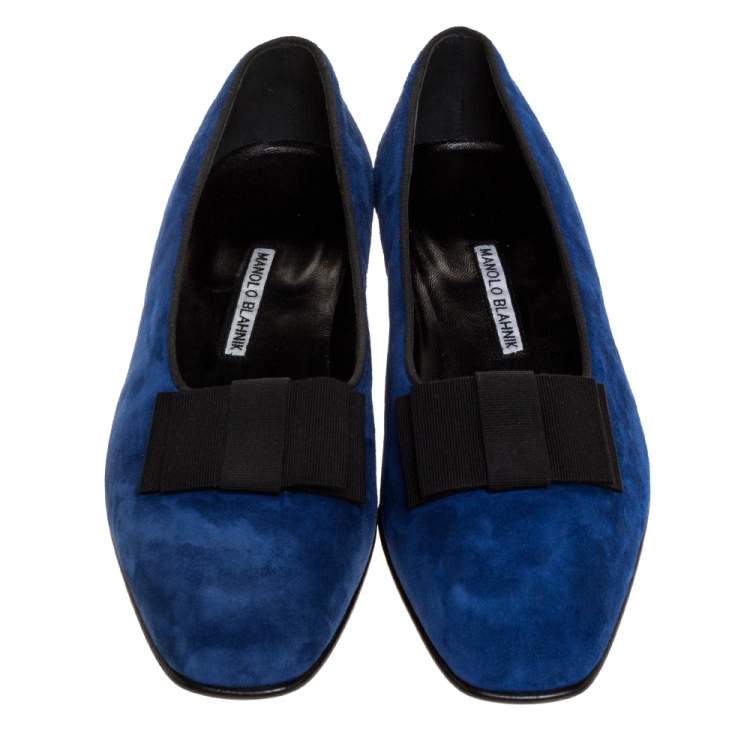 Pre Owned Manolo Blahnik Blue Suede Leather Toro Opera Bow Slip On Loafers Size 41