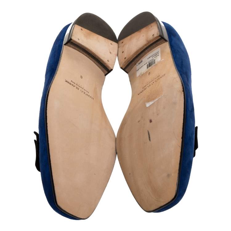 Pre Owned Manolo Blahnik Blue Suede Leather Toro Opera Bow Slip On Loafers Size 41