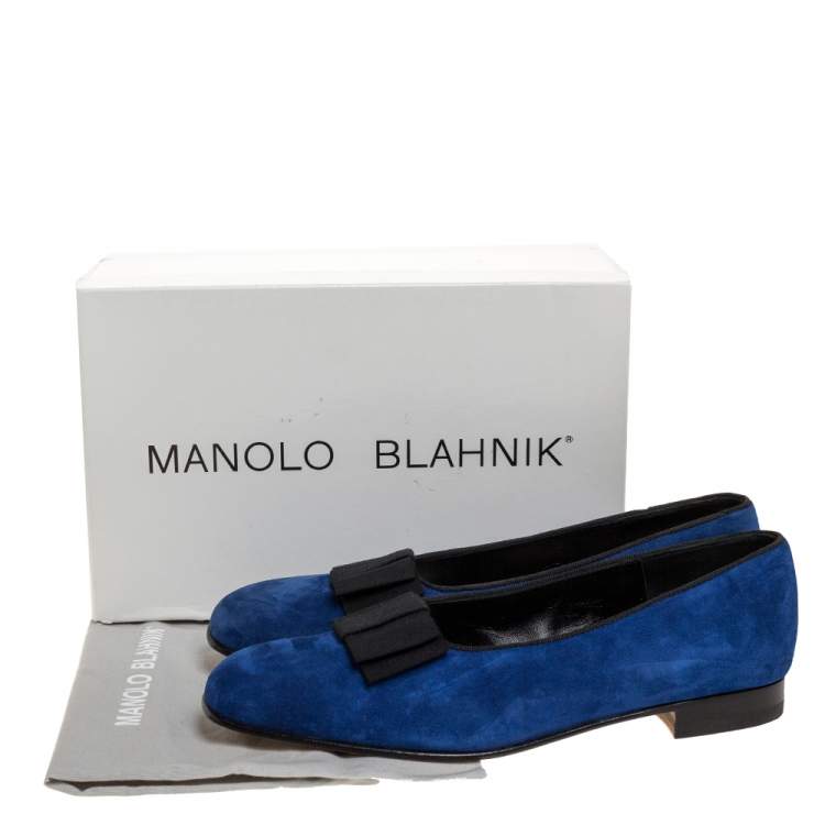Pre Owned Manolo Blahnik Blue Suede Leather Toro Opera Bow Slip On Loafers Size 41