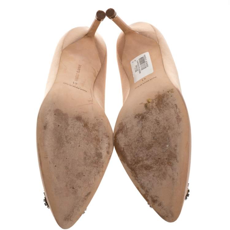 Pre Owned Manolo Blahnik Beige Satin Hangisi Crystal Embellished Pumps Size 41