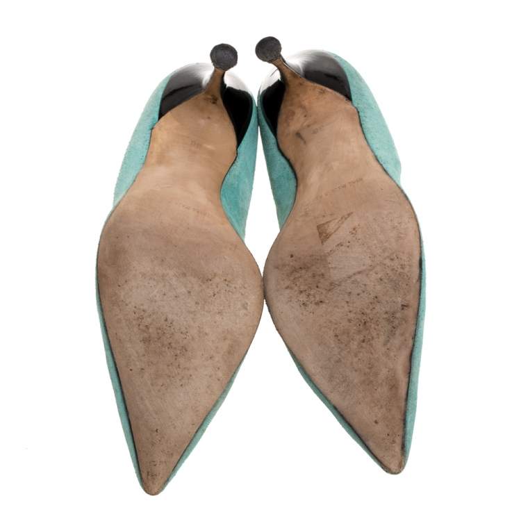 Pre Owned Manolo Blahnik Green Suede And Black Patent Button Embellished Pointed Toe Pumps Size 38