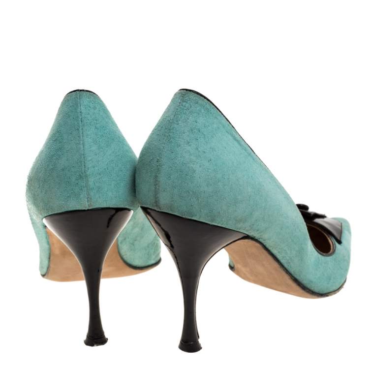 Pre Owned Manolo Blahnik Green Suede And Black Patent Button Embellished Pointed Toe Pumps Size 38