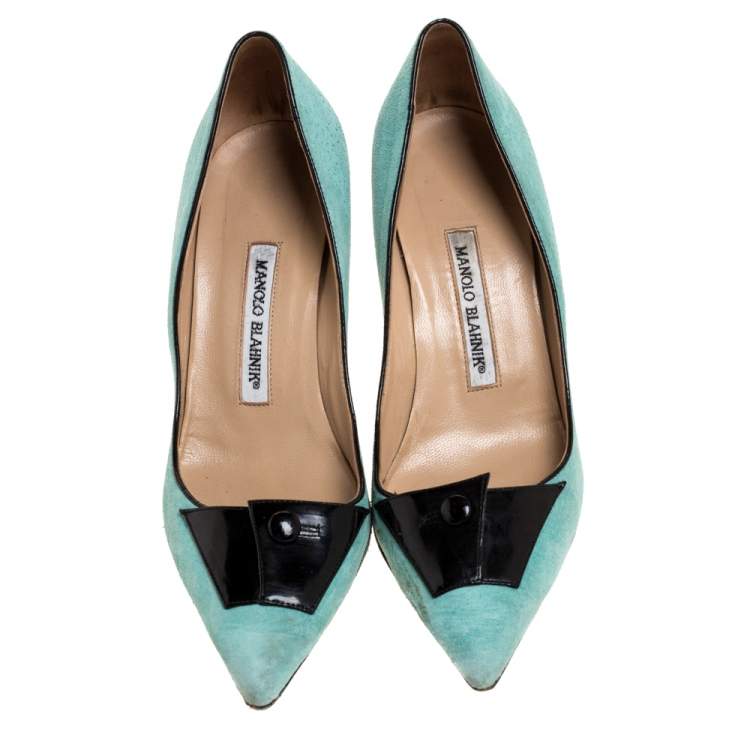 Pre Owned Manolo Blahnik Green Suede And Black Patent Button Embellished Pointed Toe Pumps Size 38