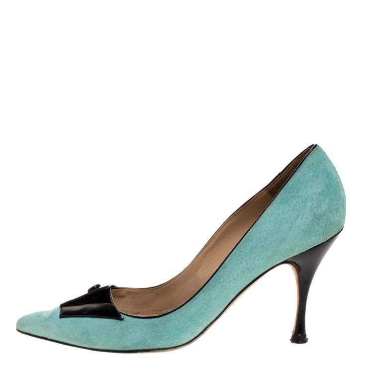 Pre Owned Manolo Blahnik Green Suede And Black Patent Button Embellished Pointed Toe Pumps Size 38