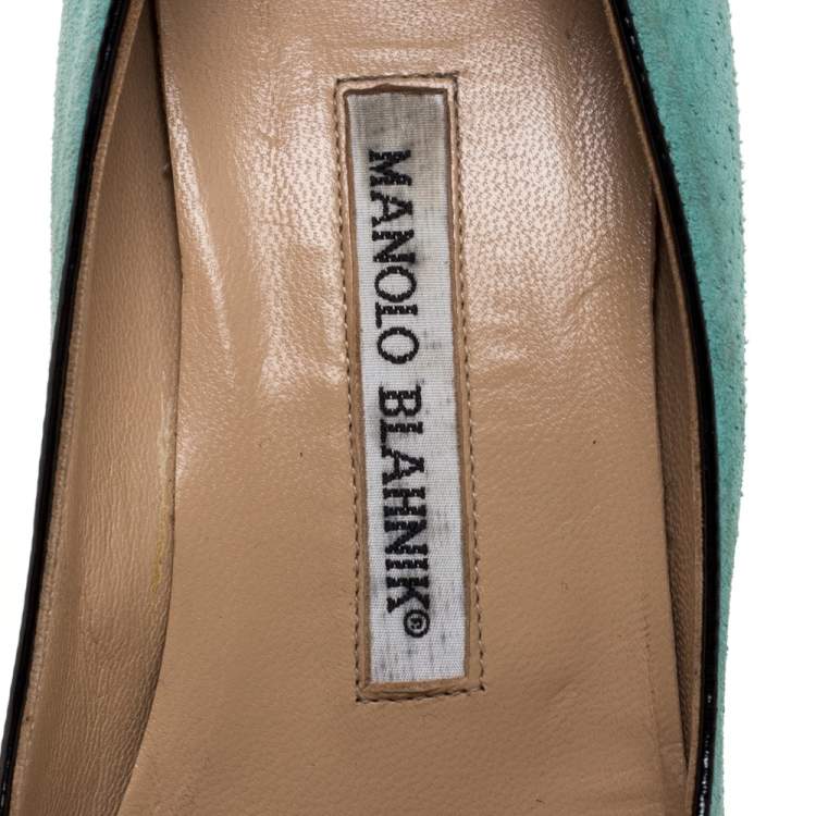 Pre Owned Manolo Blahnik Green Suede And Black Patent Button Embellished Pointed Toe Pumps Size 38