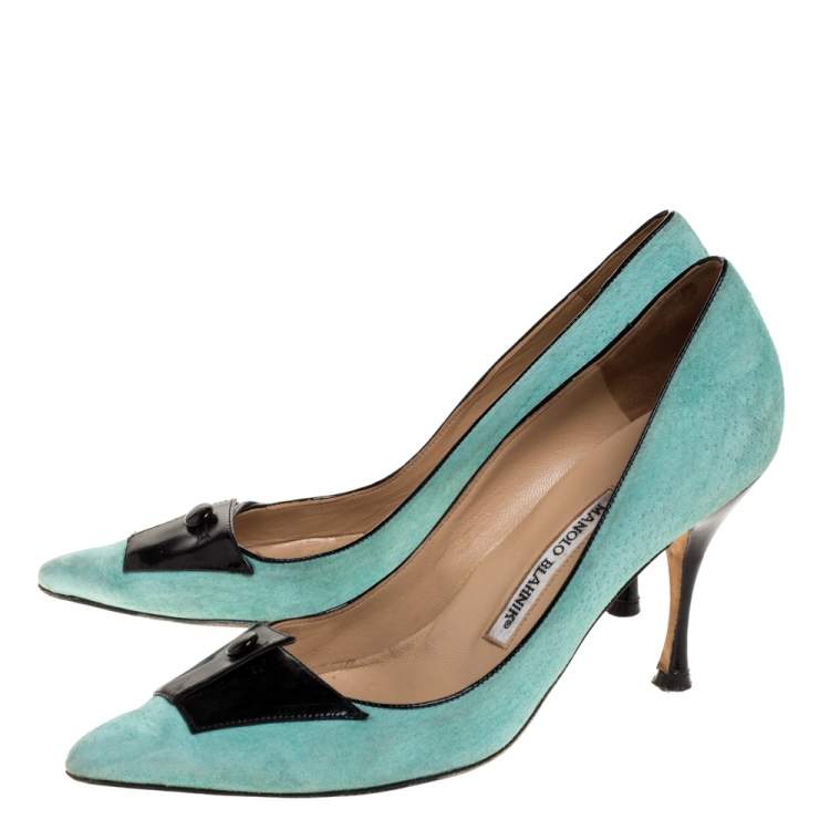 Pre Owned Manolo Blahnik Green Suede And Black Patent Button Embellished Pointed Toe Pumps Size 38