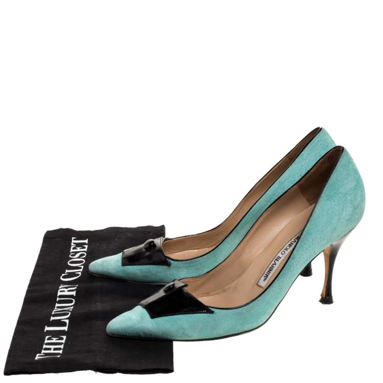 Pre Owned Manolo Blahnik Green Suede And Black Patent Button Embellished Pointed Toe Pumps Size 38