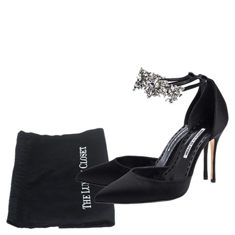 Pre Owned Manolo Blahnik Black Satin Sicariata  Ankle Strap Pumps Size 38.5