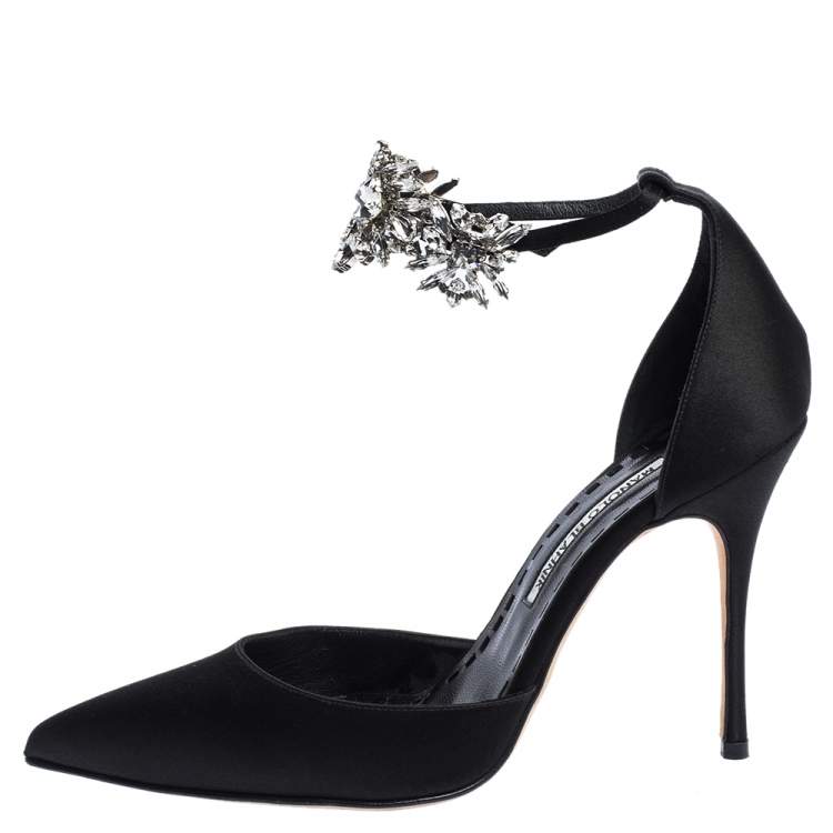 Pre Owned Manolo Blahnik Black Satin Sicariata  Ankle Strap Pumps Size 38.5