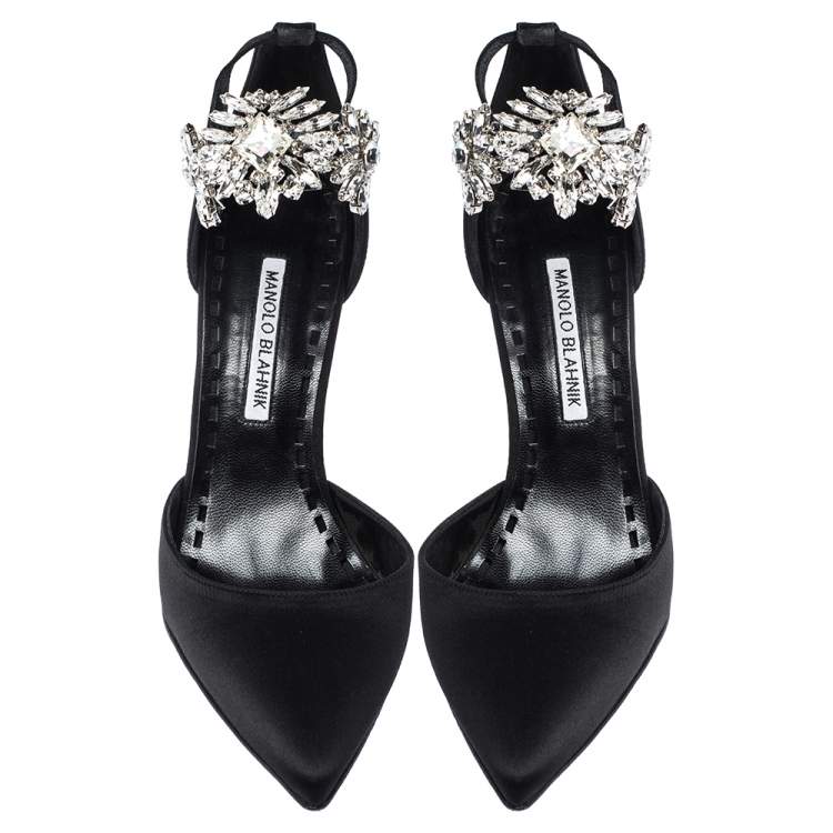 Pre Owned Manolo Blahnik Black Satin Sicariata  Ankle Strap Pumps Size 38.5