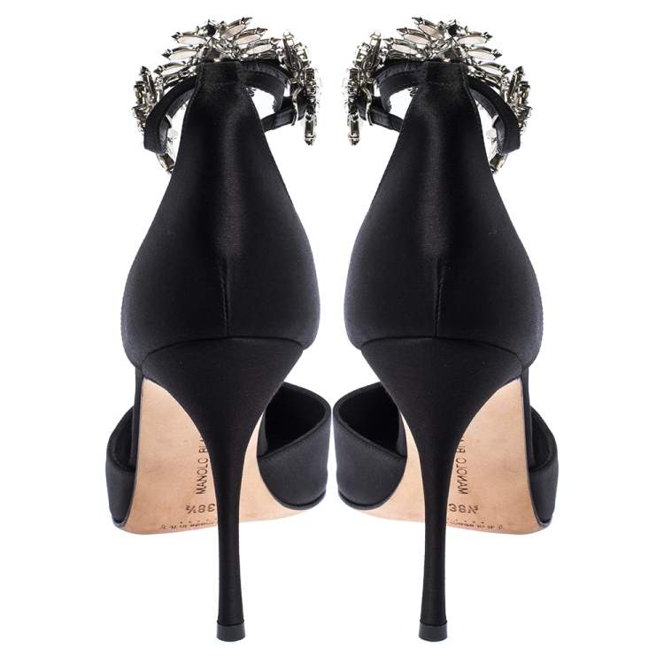 Pre Owned Manolo Blahnik Black Satin Sicariata  Ankle Strap Pumps Size 38.5