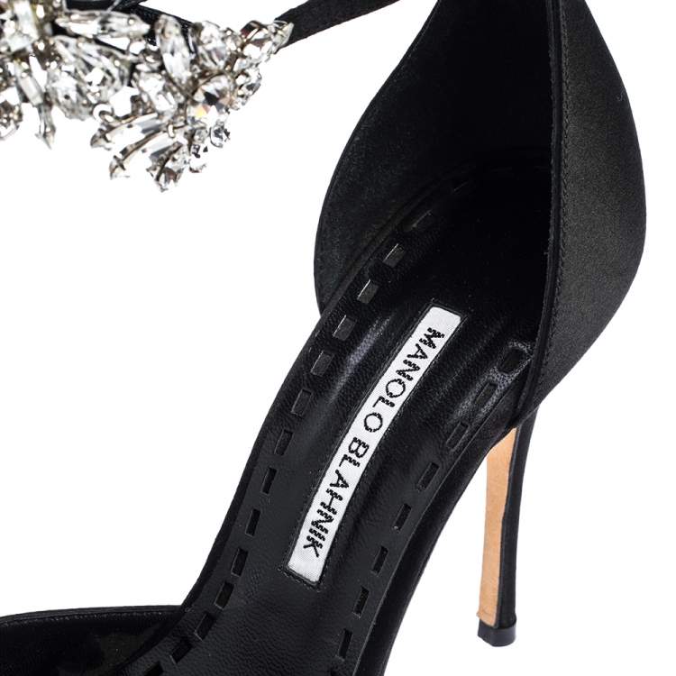 Pre Owned Manolo Blahnik Black Satin Sicariata  Ankle Strap Pumps Size 38.5
