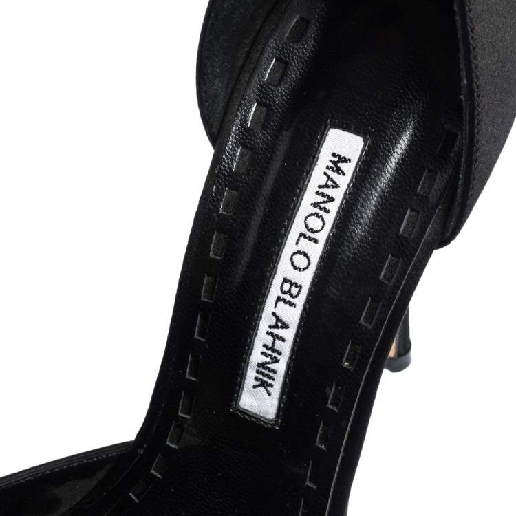 Pre Owned Manolo Blahnik Black Satin Sicariata  Ankle Strap Pumps Size 38.5