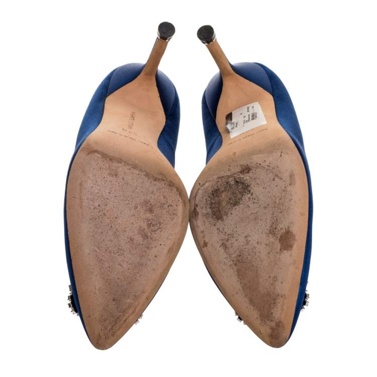 Pre Owned Manolo Blahnik Blue Satin Hangisi Embellished Pointed Toe Pumps Size 36.5