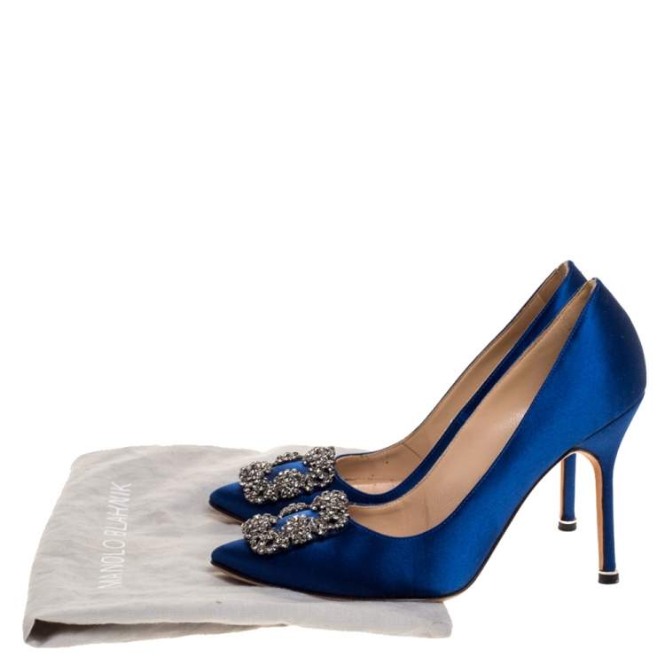 Pre Owned Manolo Blahnik Blue Satin Hangisi Embellished Pointed Toe Pumps Size 36.5