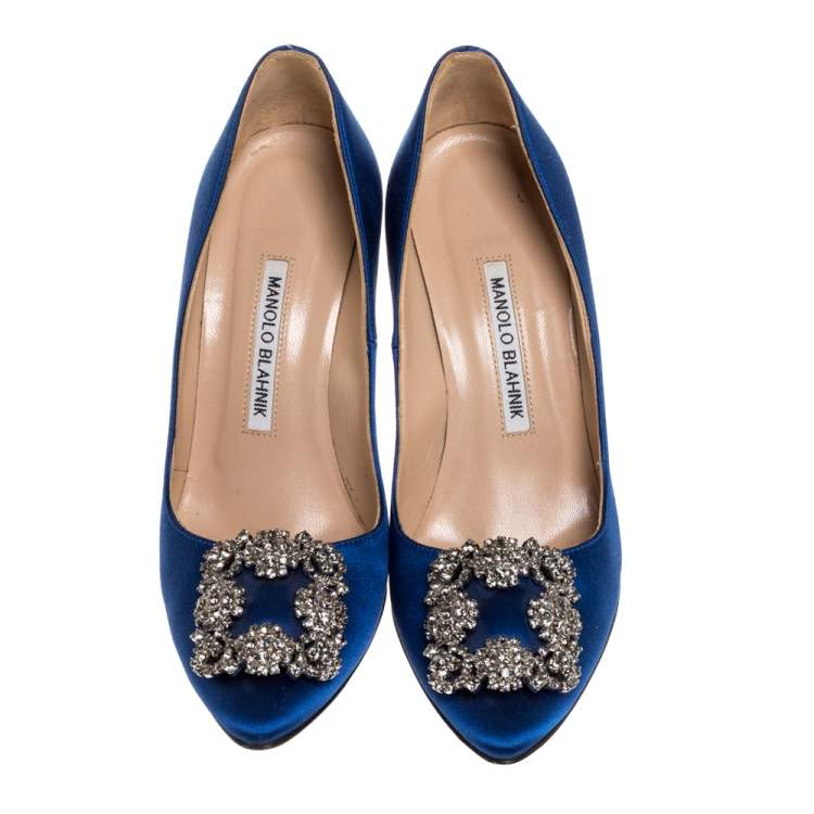 Pre Owned Manolo Blahnik Blue Satin Hangisi Embellished Pointed Toe Pumps Size 36.5