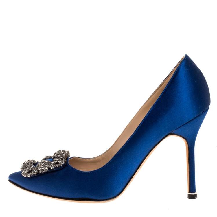 Pre Owned Manolo Blahnik Blue Satin Hangisi Embellished Pointed Toe Pumps Size 36.5