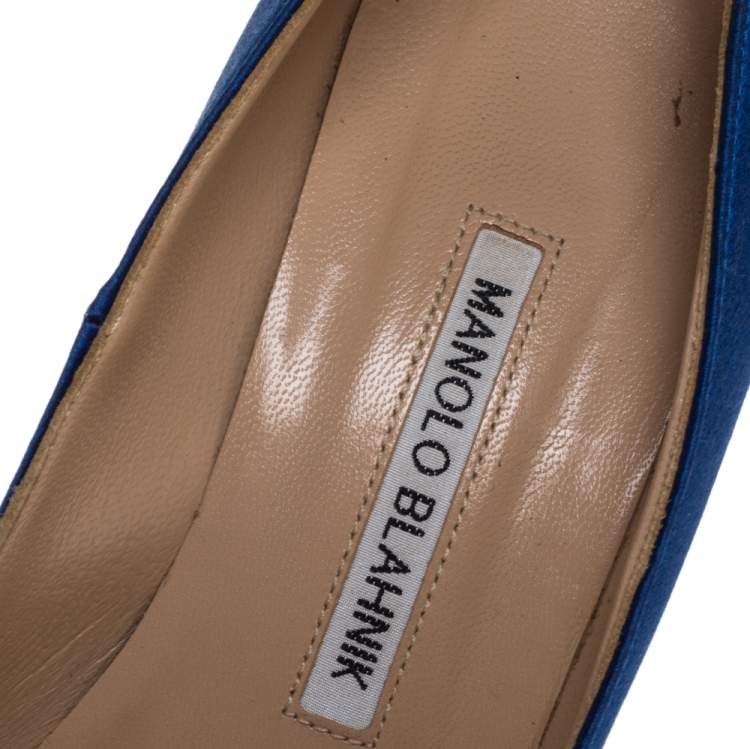 Pre Owned Manolo Blahnik Blue Satin Hangisi Embellished Pointed Toe Pumps Size 36.5