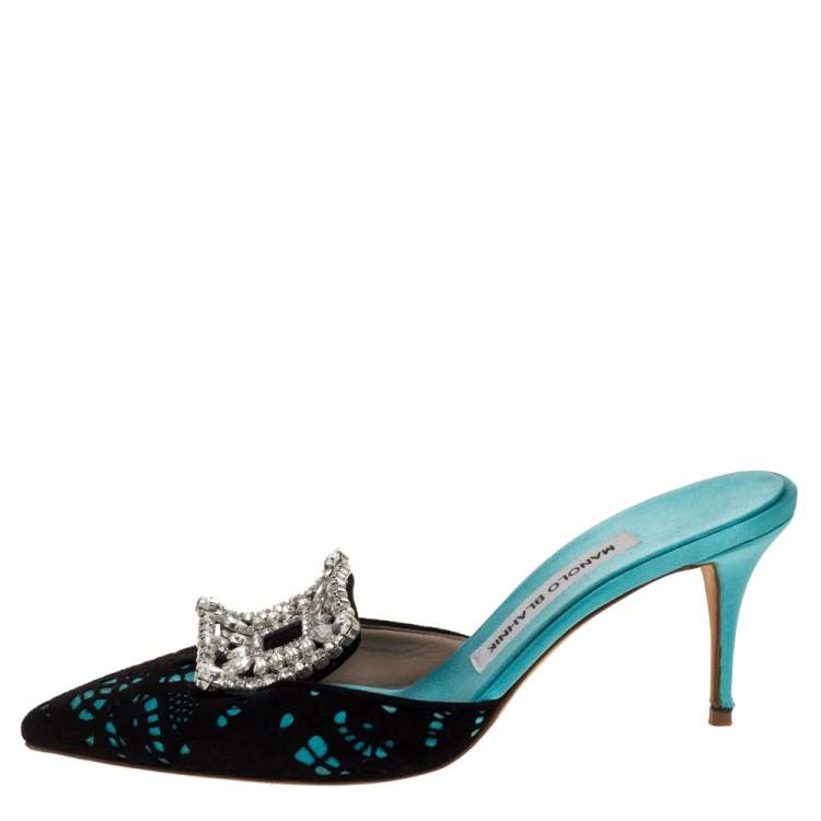 Pre Owned Manolo Blahnik Green Satin And Black Cut Out Suede Embellished Borli Mules Size 37