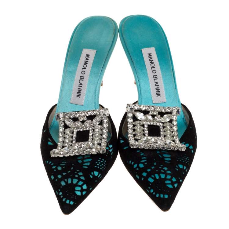 Pre Owned Manolo Blahnik Green Satin And Black Cut Out Suede Embellished Borli Mules Size 37