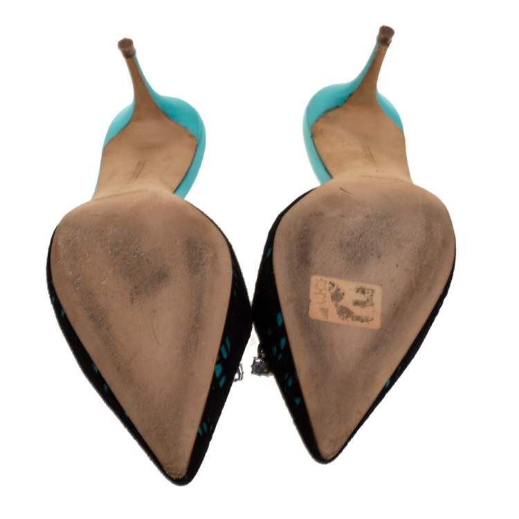 Pre Owned Manolo Blahnik Green Satin And Black Cut Out Suede Embellished Borli Mules Size 37