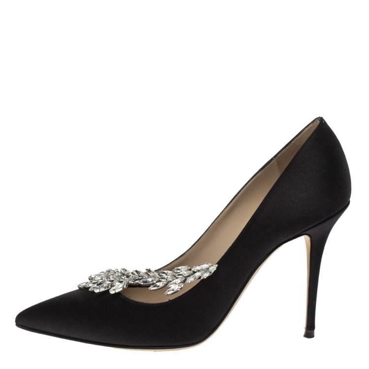 Pre Owned Manolo Blahnik Black Satin Nadira Crystal Embellished Pointed Toe Pumps Size 39.5