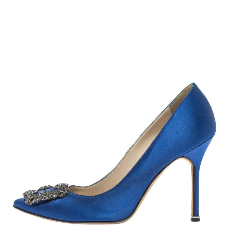 Pre Owned Manolo Blahnik Bllue Satin Hangisi Crystal Embellished Pumps Size 38.5
