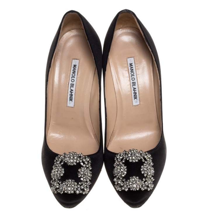 Pre Owned Manolo Blahnik Black Satin Hangisi Crystal Embellished Pumps Size 38.5