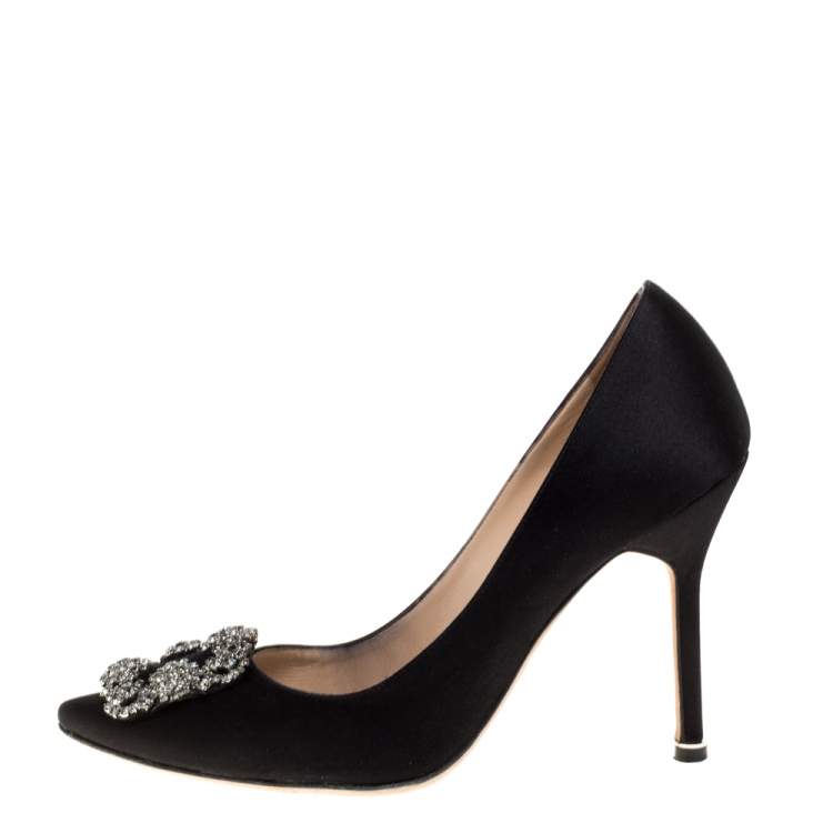 Pre Owned Manolo Blahnik Black Satin Hangisi Crystal Embellished Pumps Size 38.5