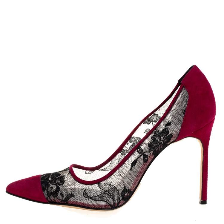 Pre Owned Manolo Blahnik Fuschia Pink Suede Leather And Lace Salola Pointed Toe Pumps Size 41