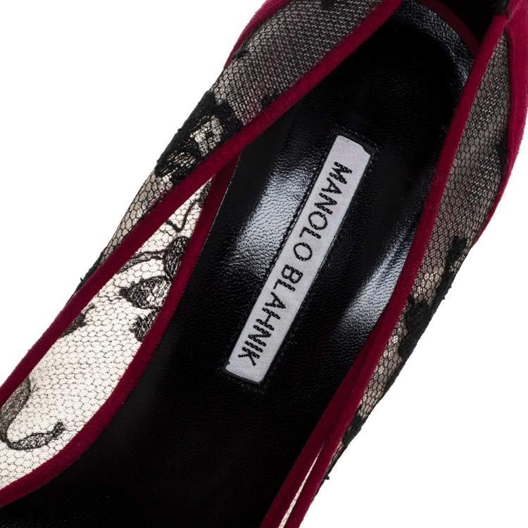 Pre Owned Manolo Blahnik Fuschia Pink Suede Leather And Lace Salola Pointed Toe Pumps Size 41