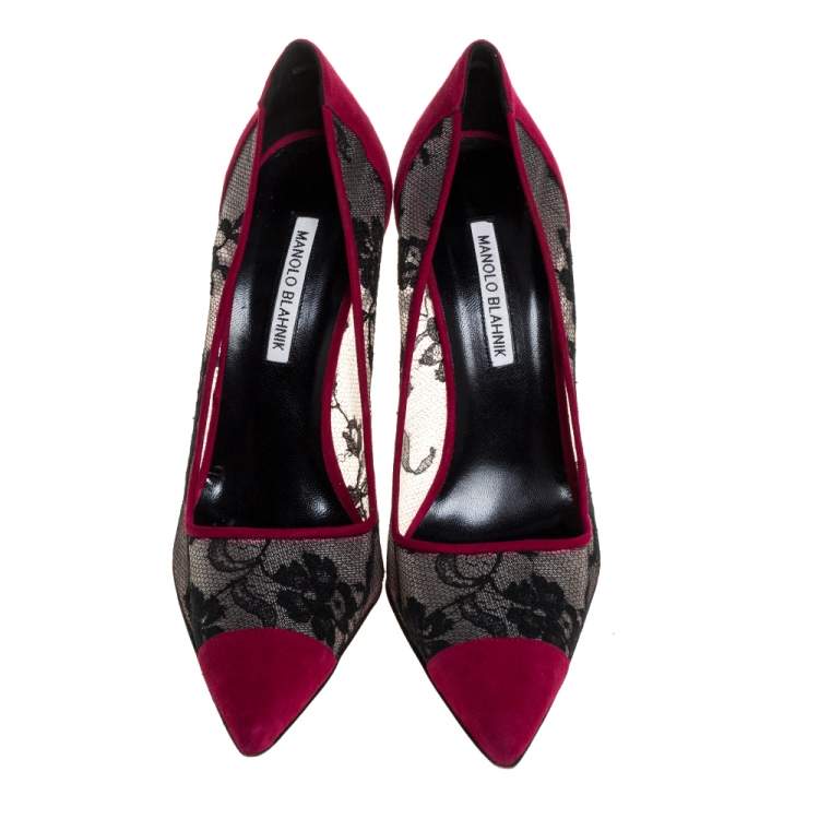 Pre Owned Manolo Blahnik Fuschia Pink Suede Leather And Lace Salola Pointed Toe Pumps Size 41