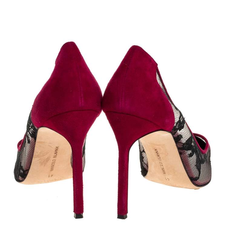 Pre Owned Manolo Blahnik Fuschia Pink Suede Leather And Lace Salola Pointed Toe Pumps Size 41