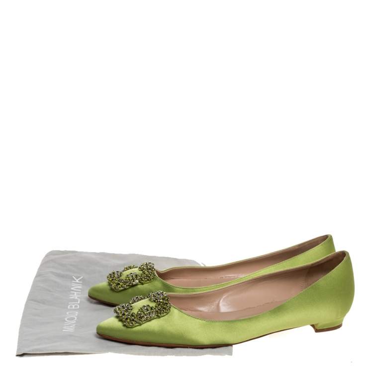 Pre Owned Manolo Blahnik Green Satin Hangisi Crystal Embellished Ballet Flats Size 39.5