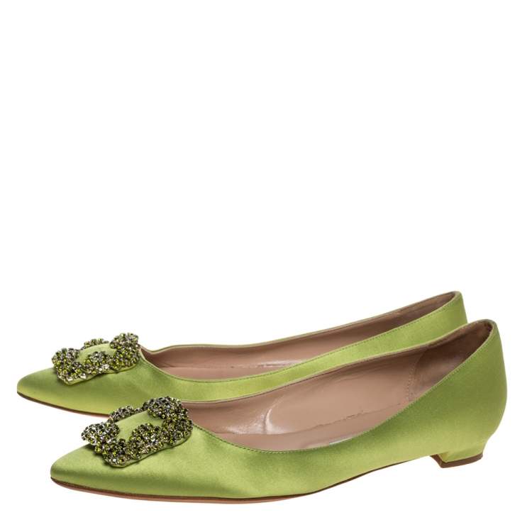 Pre Owned Manolo Blahnik Green Satin Hangisi Crystal Embellished Ballet Flats Size 39.5