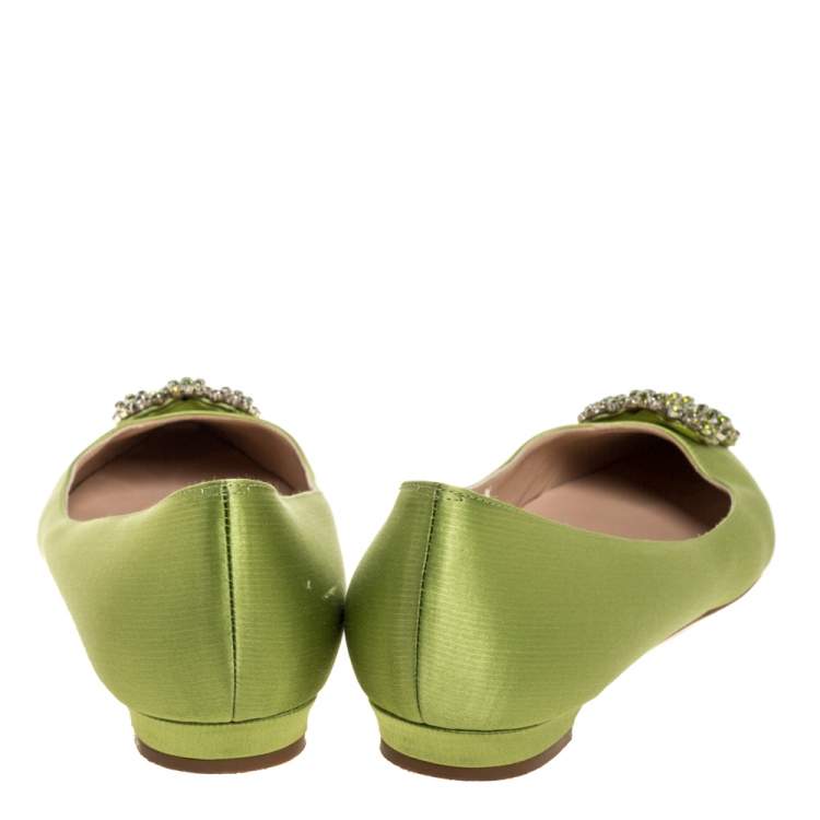 Pre Owned Manolo Blahnik Green Satin Hangisi Crystal Embellished Ballet Flats Size 39.5