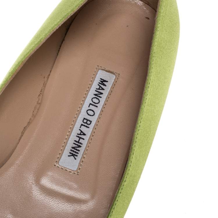 Pre Owned Manolo Blahnik Green Satin Hangisi Crystal Embellished Ballet Flats Size 39.5