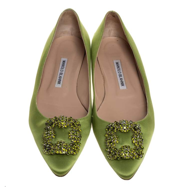 Pre Owned Manolo Blahnik Green Satin Hangisi Crystal Embellished Ballet Flats Size 39.5