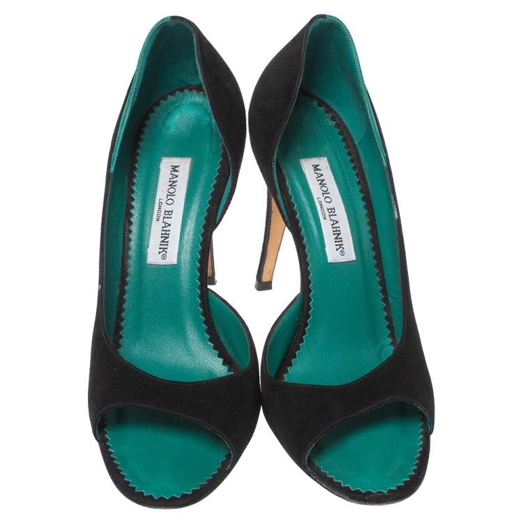 Pre Owned Manolo Blahnik Black/Green Suede And Leather D'Orsay Peep Toe Pumps Size 39
