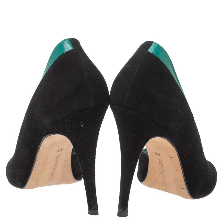 Pre Owned Manolo Blahnik Black/Green Suede And Leather D'Orsay Peep Toe Pumps Size 39