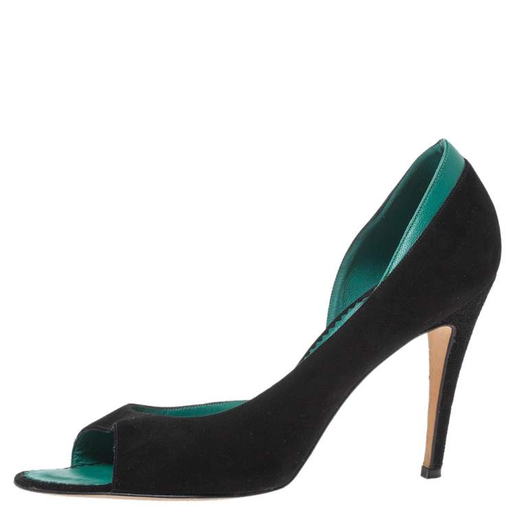 Pre Owned Manolo Blahnik Black/Green Suede And Leather D'Orsay Peep Toe Pumps Size 39