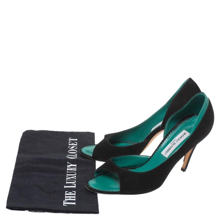 Pre Owned Manolo Blahnik Black/Green Suede And Leather D'Orsay Peep Toe Pumps Size 39