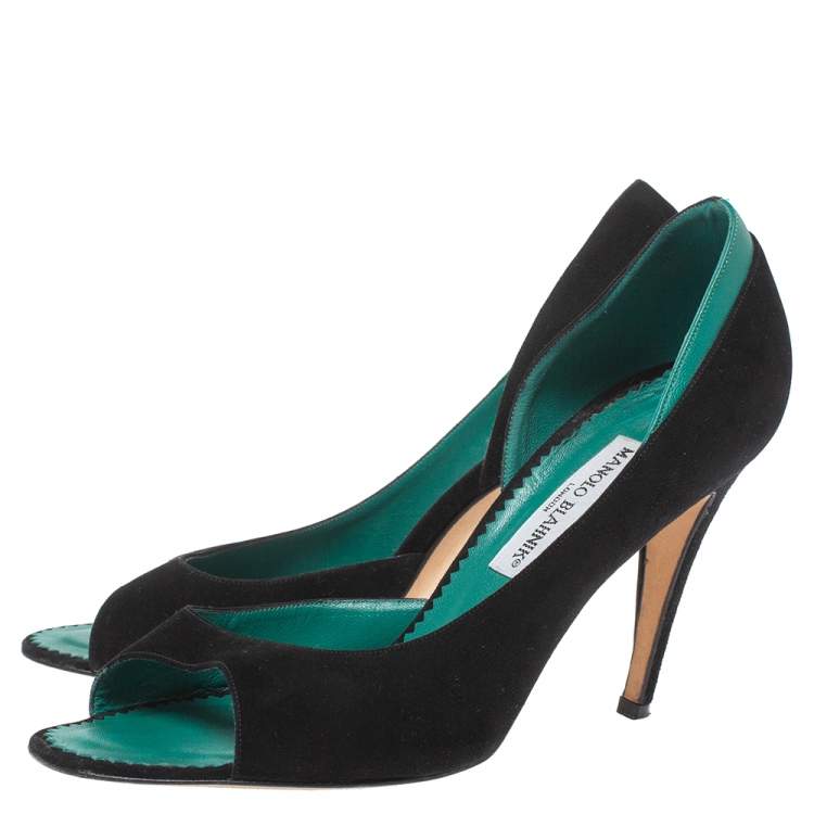 Pre Owned Manolo Blahnik Black/Green Suede And Leather D'Orsay Peep Toe Pumps Size 39