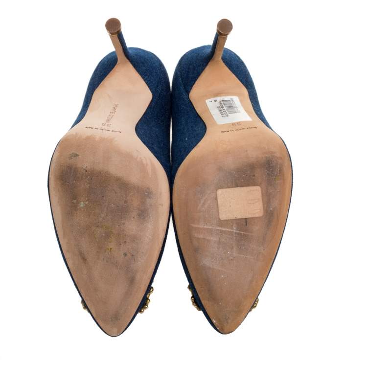 Pre Owned Manolo Blahnik Blue Denim Fabric Hangisi Pearl Embellished Pumps Size 39