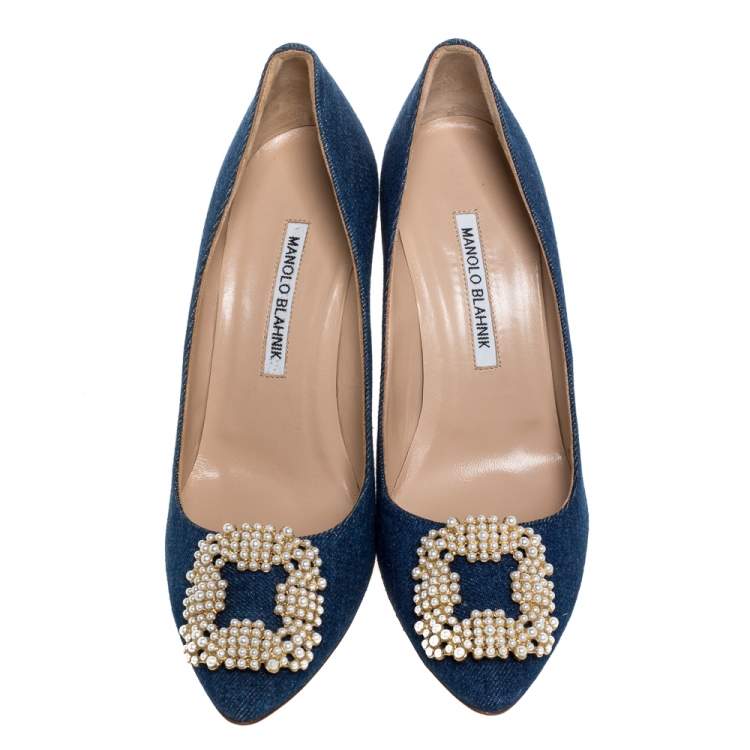 Pre Owned Manolo Blahnik Blue Denim Fabric Hangisi Pearl Embellished Pumps Size 39