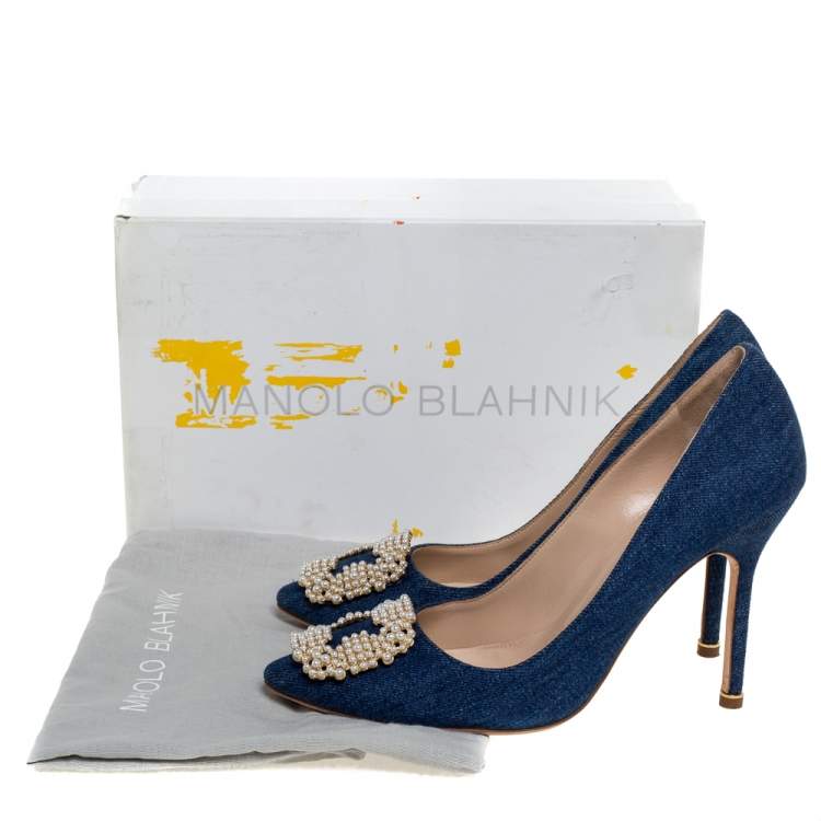 Pre Owned Manolo Blahnik Blue Denim Fabric Hangisi Pearl Embellished Pumps Size 39